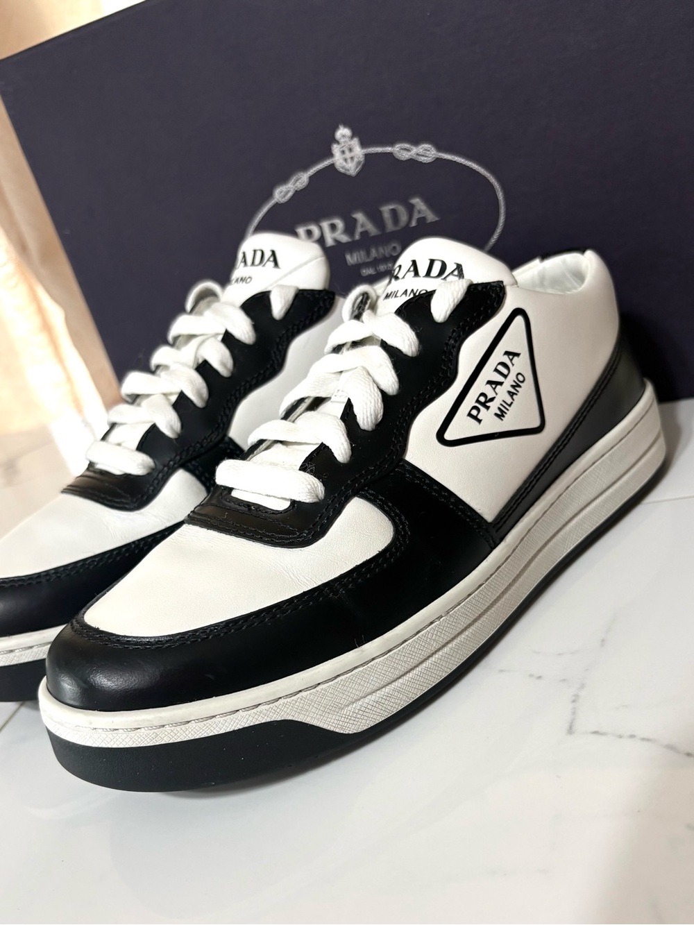 Prada Women Black and White Low-Top Leather Sneakers